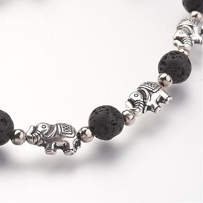 Natural Lava Rock Beads Bracelets, with Tibetan Style Alloy Elephant Beads and Brass Lobster Claw Clasps