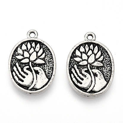 Tibetan Style Alloy Pendants, Cadmium Free & Lead Free, Oval with Flower and Hand