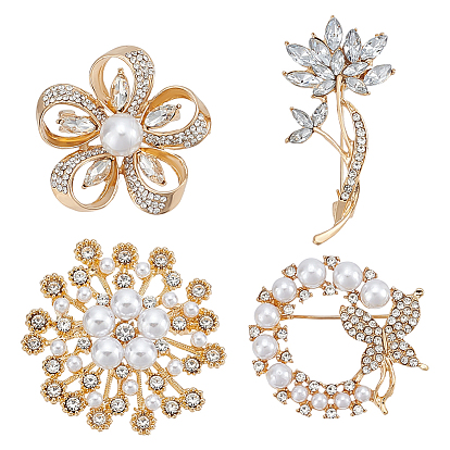 Значки на лацкан одежды из цветочного сплава со стразами, с пластиковыми бусинами под искусственный жемчуг