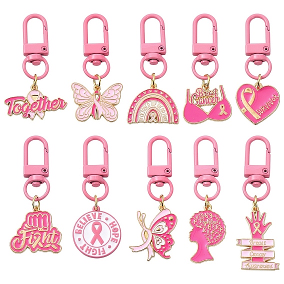 10 pièces 10 styles Pendentif fleur en alliage émaillé, ruban de sensibilisation au cancer du sein, avec fermoir pivotant