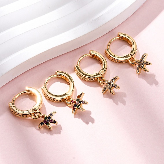 Серьги-кольца из латуни с микропаве из кубических цирконий в форме морских звезд, без никеля , реальный 18 k позолоченный