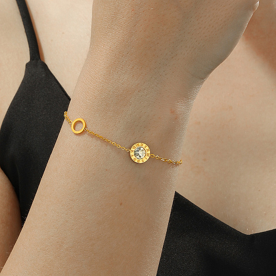 201 трос из нержавеющей стали цепи браслеты, плоские круглые с римскими цифрами украшения для женщин, с кубического циркония