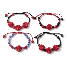 4Pcs 4 Styles Rose Flower Resin Nylon Thread Braided Bead Bracelet Sets, Adjustable Stackable Bracelets