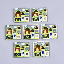 Transparent Acrylic Pendants, 3D Printed, Square with House Pattern