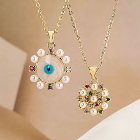 Geometric Pendant Necklace with Zirconia and Pearl for Women