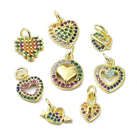 Brass Micro Pave Colorful Cubic Zirconia Pendants, with Jump Ring, Heart Charm