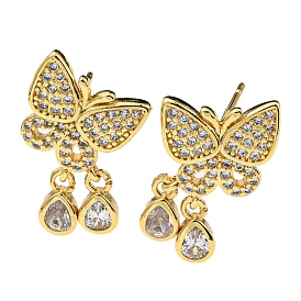 Rack Plating Brass Butterfly Dangle Stud Earrings with Cubic Zirconia for Women, Cadmium Free & Lead Free