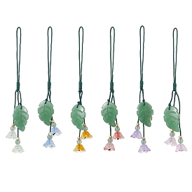 6Pcs 6 Styles Natural Green Aventurine Mobile Straps, with Glass FLower