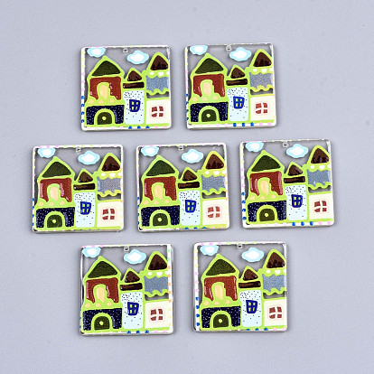 Transparent Acrylic Pendants, 3D Printed, Square with House Pattern