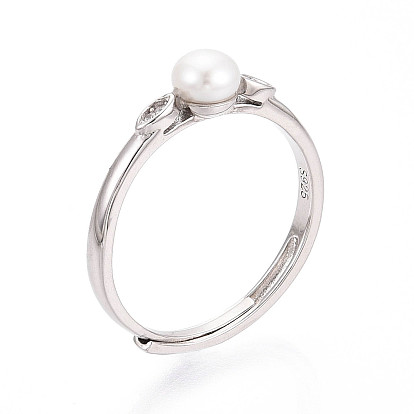 Регулируемые 925 открытые кольца-манжеты из стерлингового серебра с пресноводным жемчугом, круглые