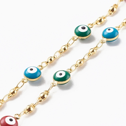 Brass Enamel Evil Eye Link Chain Necklaces, with 304 Stainless Steel Lobster Claw Clasps, Golden