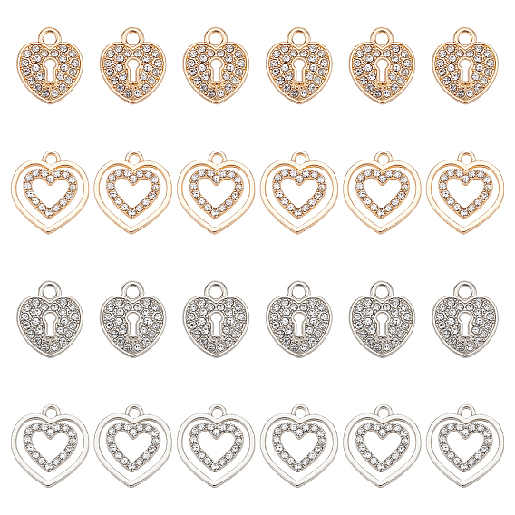 24Pcs 4 Style Alloy Pendants, with Crystal Rhinestone, Heart