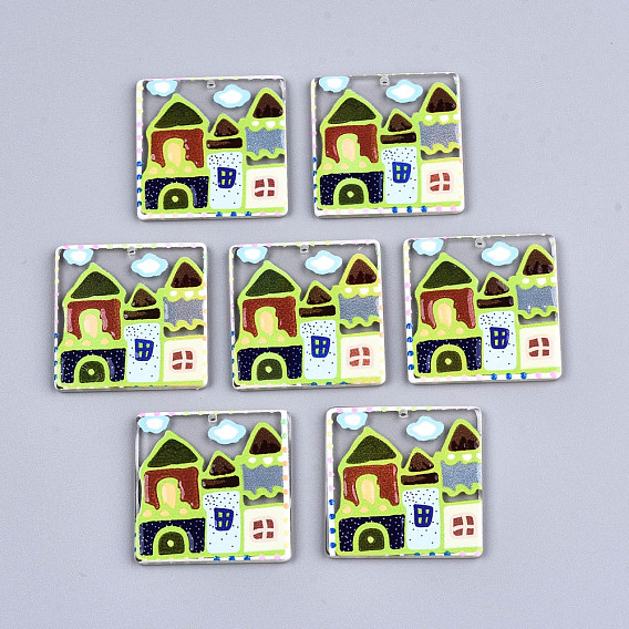 Transparent Acrylic Pendants, 3D Printed, Square with House Pattern