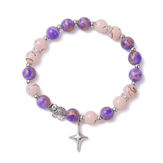 Круглый стеклянный бисер браслеты простирания, браслеты с подвесками из сплава крестиков и латуни