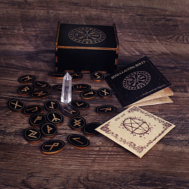 Наборы принадлежностей для гадания, включая деревянные рунические камни и коробку, кристалл кварца шестиугольные призмы, пергамент, бархатные мешки на шнуровке, инструкция