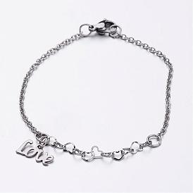 304 de acero inoxidable de las pulseras del encanto, palabra "amor", con cierre de langosta