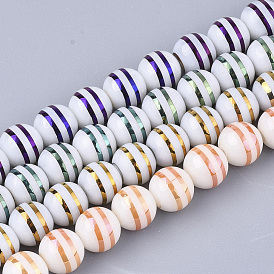 Electroplate Glass Beads Strands, Round with Stripe