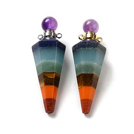 Chakra Natural Gemstone Perfume Bottle Big Pendants, Faceted Cone Charms with Brass Screw Cap