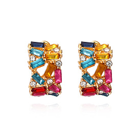 Fashionable C-shaped Colorful Diamond Earrings for Women, Simple Half-round Geometric Ear Studs with Alloy and Rhinestone Inlay