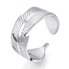 304 Stainless Steel Feather Open Cuff Ring for Women