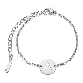 201 Stainless Steel Link Bracelets, with Cable Chains and Lobster Claw Clasps, Flat Round with Letter