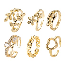 6Pcs 6 Styles Adjustable Brass Micro Pave Clear Cubic Zirconia Cuff Rings, Open Rings, Long-Lasting Plated, Flower & Leafy Branches & Snake & Weave