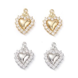 Rack Plating Brass Micro Pave Clear Cubic Zirconia Pendants, Sacred Heart Charms, Long-Lasting Plated, Cadmium Free & Lead Free