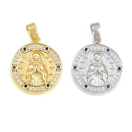 Brass Micro Pave Marine Blue Cubic Zirconia Pendants, Flat Round with Virgin Mary Charms