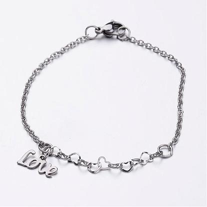 304 de acero inoxidable de las pulseras del encanto, palabra "amor", con cierre de langosta