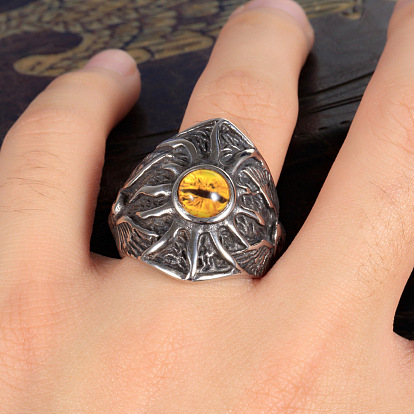 Хип-хоп стиль 201 кольца из нержавеющей стали и стекла, Eagle Eye, античное серебро