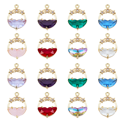 16Pcs 8 Colors Faceted Transparent Glass Pendants, with Brass Crystal Rhinestone Findings, Flat Round with Star, Light Gold
