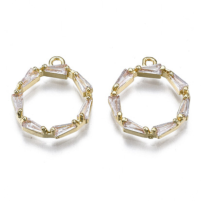 Brass Inlaid Clear Cubic Zirconia Pendants, Cadmium Free & Nickel Free & Lead Free, Ring