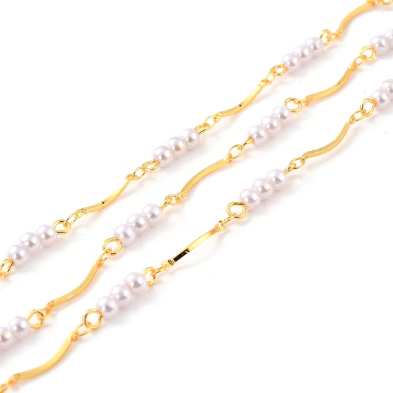 Handmade Brass Link Chains, with ABS Imitation Pearl Round Beads, Long-Lasting Plated, Soldered, with Spool, Curved Bar, Golden