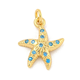 Rack Plating Brass Micro Pave Cubic Zirconia Pendants, Long-Lasting Plated, Lead Free & Cadmium Free, Starfish