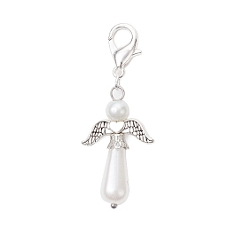 10 Colgante de perlas de imitación acrílicas con forma de ángel de pca, con cuentas de perlas de vidrio y cierres de pinza de langosta de aleación de zinc