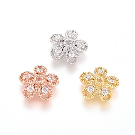 5-Petal Brass Micro Pave Clear Cubic Zirconia Bead Caps, Flower