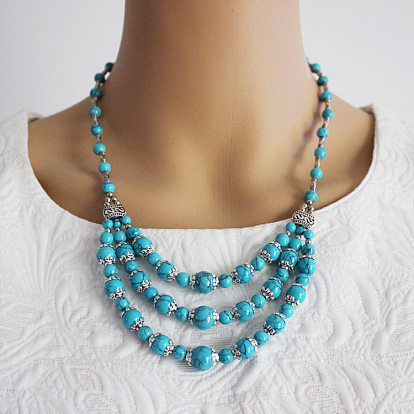 Этнический стиль сплав и окрашенная синтетическая бирюза круглые бусины 3 многослойные нагрудные ожерелья, античное серебро