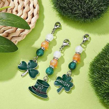Saint Patrick's Day Alloy Enamel Pendants Decoraiton, with Round Resin Beads and 304 Stainless Steel Lobster Claw Clasps, Clover & Hat