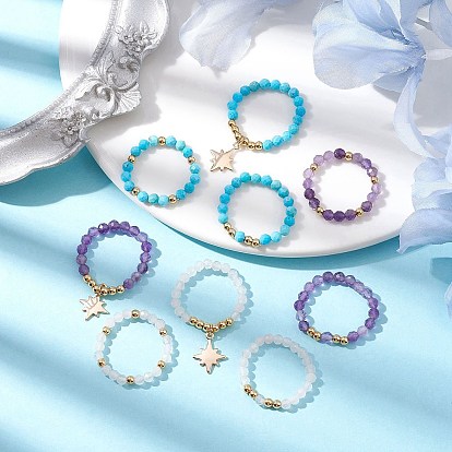 3Pcs 3 Styles Natural Mixed Gemstone Beaded Stretch Rings Set, Stackable Rings with Brass Star Charms