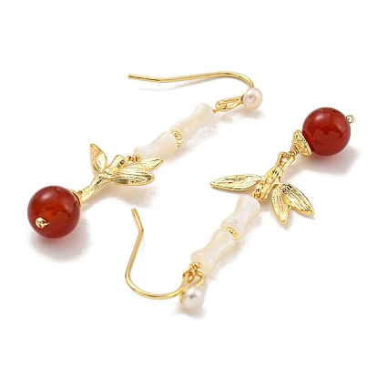 Natural Red Agate & Pearl & Shell Dangle Earrings, with Brass Findingds for Women, Round