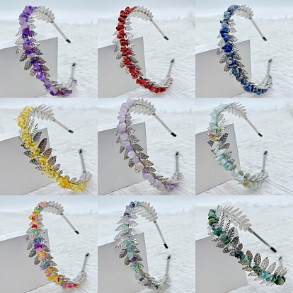 Natural & Synthetic Gemstone Chip Hair Bands, Hair Accessories for Bridal, with Metal Leaf Hair Hoop