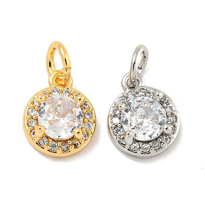 Brass Micro Pave Clear Cubic Zirconia Pendants, Cadmium Free & Nickel Free & Lead Free, Flat Round, with Jump Ring
