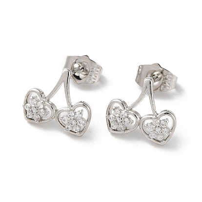 Brass Rhinestone Stud Earrings, Heart with Flower