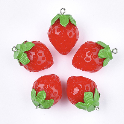 Resin Pendants, with Platinum Tone Iron Findings, Imitation Food, Strawberry, Platinum