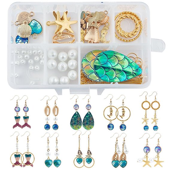 DIY Fish Scale Style Earrings Making Kits, Including Alloy Pendants & Links, PU Leather Pendants, Glass Pearl Round Beads, Brass Earring Hooks & Cable Chains, Iron Findings