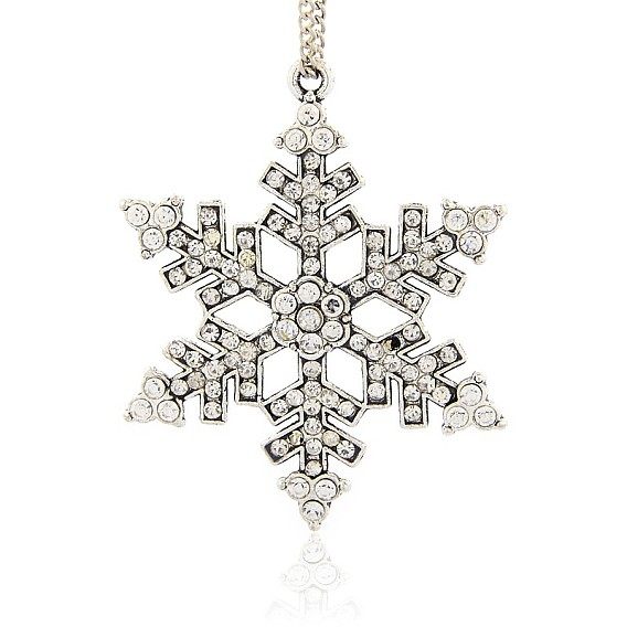 Antique Silver Tone Alloy Rhinestone Big Pendants, Snowflake Necklace Big Pendants, 55x45x4mm, Hole: 2mm