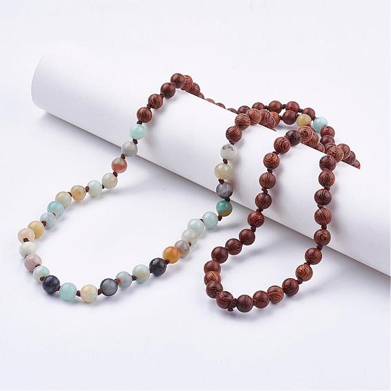 Natural Flower Amazonite Beaded Necklaces, with Wood Beads, Tiered Necklaces, Double Layer Necklaces