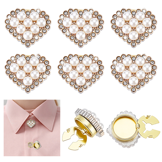 6Pcs Alloy Cufflinks, Heart, with Rhinestone Cabochons & Imitation Pearl
