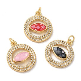 Brass Micro Pave Cubic Zirconia Pendants, with Enamel & Shell, Long-Lasting Plated, Lead Free & Cadmium Free, Real 18K Gold Plated, Round with Eys, with Jump Ring