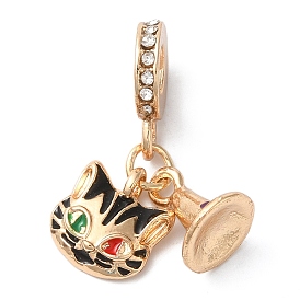 Rack Plating Alloy Crystal Rhinestone European Dangle Charms, Large Hole Cat Shape Pendants with Black Enamel, Cadmium Free & Nickel Free & Lead Free